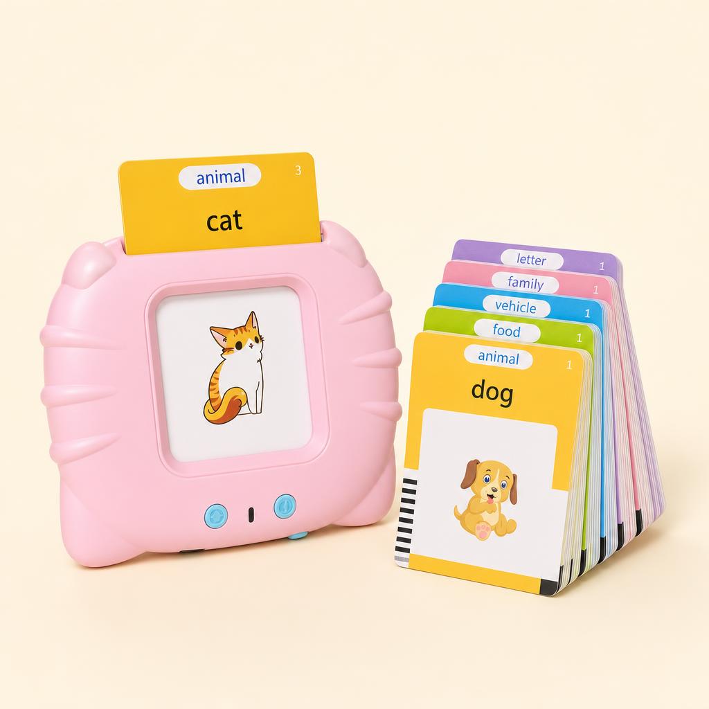 Pink talking flash card reader with a stack of cards
