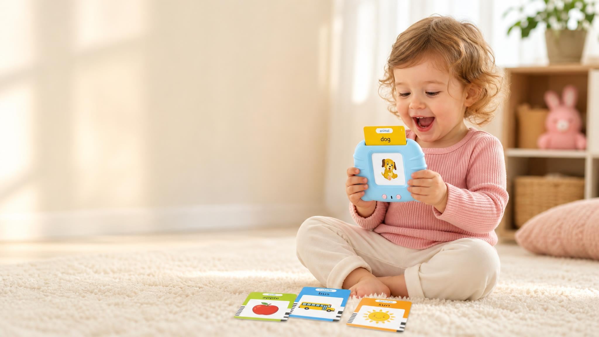 Toddler learning words with talking flash cards