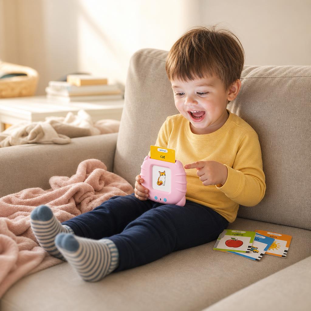 Toddler laughing while playing with talking flash cards